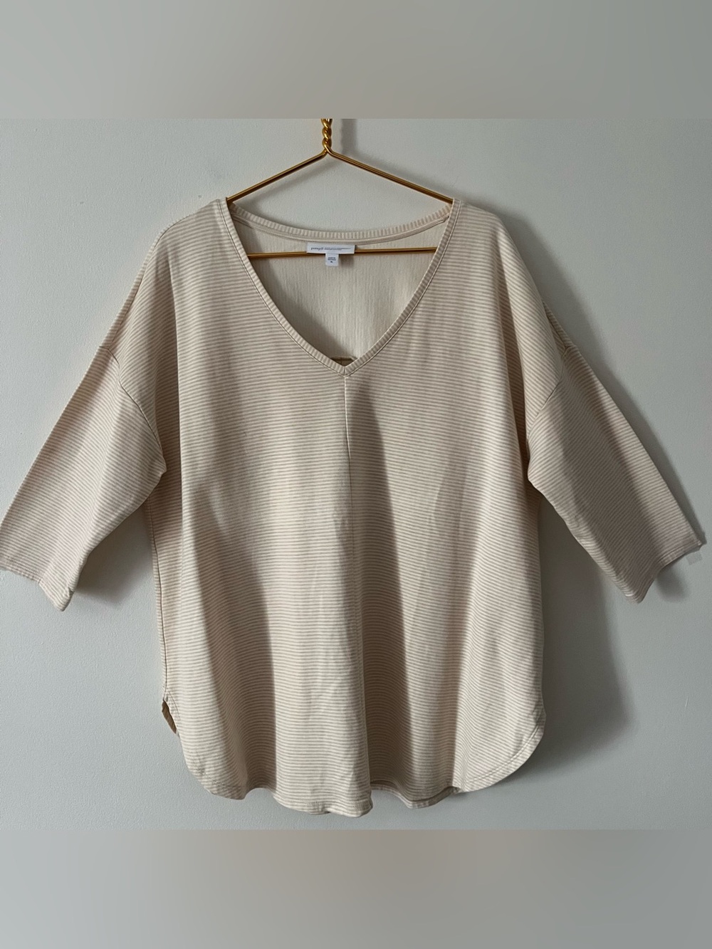 J.Jill Organic Cotton Beige White Stripe V-Neck Knit 3/4 Sleeve Relaxed Tunic XL